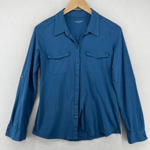 EILEEN FISHER Top S Organic Cotton Jersey Shirt Button Up Roll Tab Sleeve Blue - Picture 2 of 16